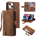 UEEBAI Wallet Case for iPhone 15 6.1 inch, Retro 9 Card Holder Slots Zipper Pocket Handbag Case PU Leather Magnetic Closure Kickstand with Wrist Strap TPU Shockproof Flip Case - Brown