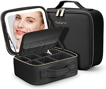 Travel Makeup Organizer with LED Lighted Mirror Makeup Train Case 3 LED Color Adajustable, Makeup Case Waterproof (10.3 Inch Black)