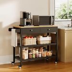 Gizoon Kitchen Island Cart with Storage, 40’’ Wooden Top, 2 Tiers Spacious Shelves and Towel Bar, 2 Drawer Mobile Trolley Cart On Metal Wheels with Hooks for Dining Room, Bar, Outdoor, Black