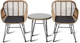 3 Piece Chat Set, 2- Includes 2 Single Chairs w/Cushions and 1 Glass-top Coffee Table Outdoor Living Rattan Furniture Set Includes (Brown)