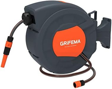 GRIFEMA, G301-15 Carrete de Manguera de Jardín Automático, Enrollador de Manguera de Pared de 15 m con Rotación de 180 grados, con Boquilla Ajustable, gris [Exclusivo en Amazon]