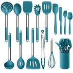 LIANYU 15-Piece Kitchen Cooking Utensils Set with Holder, Silicone Kitchen Tools Stainless Steel Handle, Slotted Spatula Spoon Turner Tong Whisk Brush for Cooking, Dark Blue