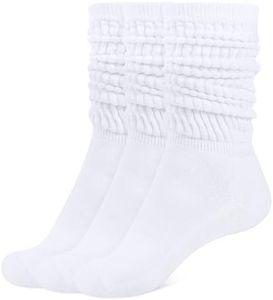 Closemate Womens Slouch Calf Socks 3 Pairs White Soft Extra Long Scrunch Knee High Stacked Socks Cushioned Teen Girls Socks for Boot(3 White)