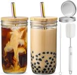 CJWLKJ 2 PCS Reusable Boba Bubble Tea Cups with Bamboo Lids and Straws & 2 Airtight Lids, 24 Oz Wide Mouth Mason Jar Drinking Glass Cups Tumblers, Iced Coffee Cups for Juice, Smoothie, Gift