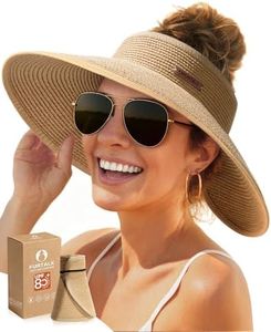 FURTALK Sun Visor Hats for Women Wide Brim Straw Ponytail Summer Beach Hat UV UPF Packable Foldable Travel Khaki