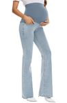 GLAMIX Women's Stretch Maternity Bootcut Jeans with Pockets Over The Belly Bell Bottoms Flare Denim Pants Pregnancy Clothes, Light Blue, Large