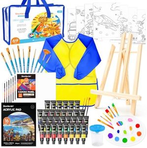 69 Pack Kids Paint Set, Shuttle Art Art Set for Kids with 30 Colors Acrylic Paint, Wood Easel, Canvas, Painting Pad, Brushes, Palette and Smock, Complete Paint Set for Boys and Girls(package may very)