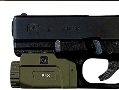 HiLight Tactical P4X Series 1150 Lm Pistol LED Strobe Flashlight Infinity Rail Sliding Mount | 22000 Candela, Holster Friendly, Rechargeable for Glock, Sig S&W, Springfield - Genuine Cerakote OD Green