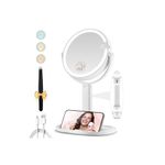 MOMOKUBA Magnifying Mirror with Light 20x, 8" Makeup Mirror with Light on Stand, Rechargeable 3 Color Lights and Adjustable Brightness, 360° Rotation Detachable Comes with Tweezer, for Bedroom, Travel