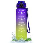 AONE 32oz Sports Water Bottle with Motivational Time Marker & Leak Proof Flip Top Lid, BPA Free Reusable Tritan for Gym and Outdoor (Purple - Yellow)