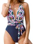 CUPSHE Women's One Piece Swimsuit Deep Plunge Crisscross Back Self Tie Swimwear Bathing Suit Swimming Costume Navy Blue/Pink Floral S