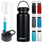 SHEEFLY Insulated Water Bottles, 32oz Vacuum Stainless Steel Water Bottle with Straw & 2 Lids Wide Mouth Metal Water Bottle Leak Proof BPA Free Insulated Sports Water Bottles Keep Hot & Cold (Black)