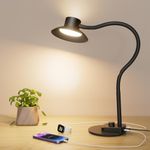 Desk Lamp, Eye-Caring Dimmable Bedside Lamp with Dual USB Charging Port, 5 Light Modes & Stepless Dimming, 1400LM Desk Light with Flexible Neck for Home, Office, Bedroom, Reading, Work, Study, 12V 2A