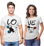 Hangout Hub HH115 Couple T Shirts for Lover Couples | Printed Lo-Mickey Ve-Minne (White;Men L,Women M) T-Shirt for Husband Wife (Set of 2 | Regulat Fit | Cotton)