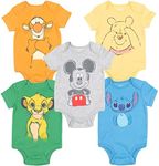 Disney Mickey Mouse Lion King Winnie the Pooh Pixar Toy Story Finding Nemo Baby 5 Pack Bodysuits Newborn to Infant, Mickey, Simba, Stitch, Tigger & Pooh, 0 (6-12 Months)