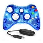 PAWHITS Wireless Xbox 360 Controller with Cool LED, Compatible with Microsoft Xbox 360 & PC (Windows 11/10/8/7), Upgraded Joystick & Dual Vibration Gamepad with Receiver (Transparent blue)