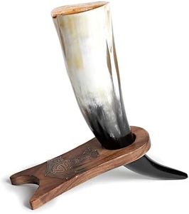 Norse Tradesman Genuine Ox-Horn Viking Drinking Horn with Solid Wood Stand Engraved with Thor's Hammer | Burlap Gift Sack Included | The Mjolnir, Polished, 30 cm