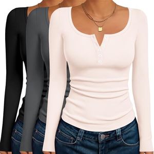 Ekouaer Womens 3 Packs Long Sleeve Shirts Fitted Henley Tops Base Layering Tight Thermal Undershirts Black/Dark Gray/Beige (3pcs) XS