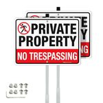 Faittoo No Trespassing Sign Private Property with 36" Stake for Outside, 2-Pack 14"x10" Rust Free Heavy Aluminum, Reflective, Fade Resistant, 2 pre-drilled Holes, Includes Matching Screws & Wrench