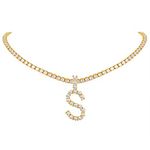 FindChic Bling CZ Letter S Necklace for Women Simulated Diamond Iced Out Choker Tennis Chain 18K Gold Plated Cubic Zirconia Initial Pendant Hip Hop Layered Necklaces for Girls