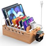 Pezin & Hulin Bamboo Charging Station for Multiple Devices with 5 Port USB Charger, 5 Charger Cables and Watch Stand, Wood Desktop Docking Organizer for Cell Phone, Tablet, Watch, Office Accessories