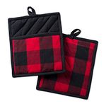 DII Cotton Buffalo Check Plaid Pot Holders with pocket, 9 x 8" Set of 2, Heat Resistant Poacket Mitts for Home Kitchen Cooking and Baking, Perfect for Mother's day, Holidays, Hostee and Housewarming Gift-Red