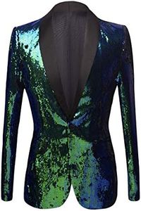 PYJTRL Men Stylish Two Color Conversion Shiny Sequins Blazer Suit Jacket (Green, XS)