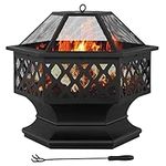 FDW Outdoor Fire Pit 28" Patio Fire Pit Wood Burning Metal Fire Bowl Round Garden Stove with Charcoal Rack, Poker & Mesh Cover for Camping Picnic Bonfire Backyard,Black