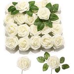 PartyWoo Artificial Flowers, 20 pcs Artificial Roses with Stems, Fake Flowers, Foam Flowers, Ivory White Roses Artificial Flowers, Valentines Day Decor, Valentines Day Decorations