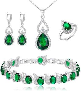 Clearine Juegos de Joyas de Mujer Conjunto de Joyería Chapado en Plata Lágrima Circonita Cúbica Collar Abierto Ajustable Anillo Pendientes Pulsera Juego para Boda/Aniversario/Día de la Madre Verde