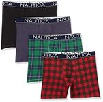 Nautica Men's Cotton Stretch 4 Pack Boxer Brief, Black/Peacoat/Holiday Plaid/Nautica Plaid, Large