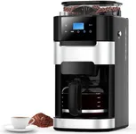 Joy Pebble 10-Cup Drip Coffee Maker with Grinder, Touch-Screen Drip Coffee Machine with Programmable Brew,8 Adjustable Grinding Settings, Washable Basket Filter, Keep Warm Plate, 50.7oz Water Tank