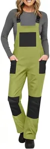 Women's Insulated Snow Bibs Waterproof Ski Pants Adjustable Overalls Color Block Winter One Piece Snowsuit with Pockets Green