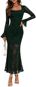 GERT COREL Elegant Women's 2025 Bell Long Sleeve Lace Maxi Dress Sexy Square Neck Fall Bodycon Mesh Wedding Guest Cocktail Green X-Small