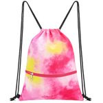 WAWSAM Tie Dye Drawstring Backpack for Kids - Gym DrawString Bag for kids Swim Bag Girls Dance Draw String Bag Waterproof Beach Sport Gym String Bags with Zipper Pocket Pink Cinch Backpack for Girls