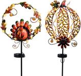 ALLADINBOX Thanksgiving Solar Lighted Yard Stakes Outdoor Decoration, 2 Pack Metal Turkey and Pumpkin Lighted Yard Signs, Fall Harvest Outdoor Yard Garden Stakes Pathway Lights