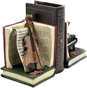 Bellaa 20430 Decorative Bookend Music Lover Vintage Antiques Book Ends Acoustic Violin Musical Notes Piano Luxury Bookshelf Decor Tabletop Shelves Nonskid Heavy Duty Stoppers