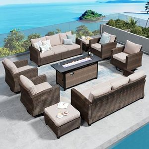 SUNSHINE VALLEY Swivel Glider Patio Furniture Set Outdoor Furniture Brown Wicker Rattan Patio Conversation Sets with Cushion Outside Sofa Set,8 Pieces with Rectangular Firepit Table,12 Seats,Beige