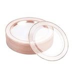 MATANA 20 Premium Clear Hard Plastic Dinner Plates with Hammered Rose Gold Rim, 26cm / 10 Inch - Elegant & Reusable Party Plates for Weddings, Birthdays, Parties