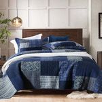 Yvooxny Quilt Set California King 3-Piece Quilt Set Plaid Floral Patchwork Quilts Cotton Quilted Bedspread with Pillowcases for All Seasons, Azure Blue, 118x110 Inches