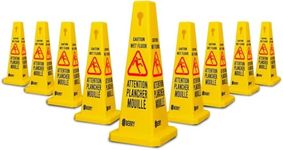 Berry Caution Wet Floor Safety Cone - Yellow, Attention Plancher Mouillé Sign, Stackable Wet Floor Sign with French and English, Bilingual Wet Floor Warning Sign Offices, Schools, Restaurants - 10 Pcs
