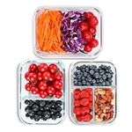 Liliume Glass Lunch Containers with Lids 1-2-3Comparments of Glass Food Storage Containers 1040ML for Kitchen Freezer Microwave and Dishwasher Safe (Pack of 3)