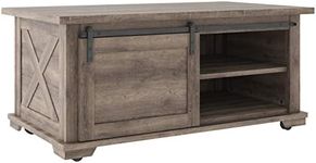 Signature Design by Ashley Arlenbry Farmhouse Rectangular Coffee Table with Sliding Barn Doors and Storage Shelves, Brown with Weathered Oak Finish