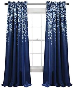 Lush Decor Weeping Flower Light Filtering Window Curtain Panels, Pair, 52" W x 84" L + 2" Header, Navy - Charming Modern Floral Curtains for Living Room, Dining Room, & Bedroom