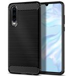 Qiinogow Case Compatible with Huawei P30, Slim Fit Phone Cover with Shock-Absorption, Carbon Fiber TPU Rubber Protective Case, Black