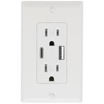 POWAWINI Wall Outlet 15 Amp, UL Listed, USB C & USB A Port, Charging Power Outlet with USB Ports, Tamper-Resistant Receptacle with Decor Wall Plates and Screws (White)