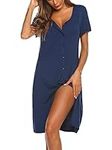 Ekouaer Womens Nightdress Short Sleeve Nightshirt Button Down Nightgown Sleepwear Summer Sleepshirts, Navy Blue Large
