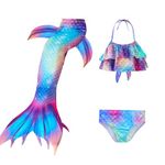 Venzina® Girls Swimsuit Mermaid Tail 3Pcs Swim Suit Set, Mermaid Princess Swimming Suit for Girls, Swimwear Bikini Kit Bathing Suit for Girls 6-7 Years Old