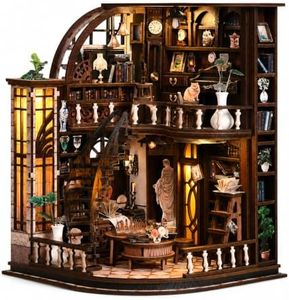 Book Nook Kit-DIY Miniature House for Adult and Teen Beginners, 3D Wooden Library Dollhouse with LED Light, Bookshelf Decor (Basque Study)