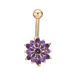 Lieson Belly Button Ring, Belly Button Bars Ring Surgical Steel Navel Bar Flower With Purple Cubic Zirconia Belly Bar Gold